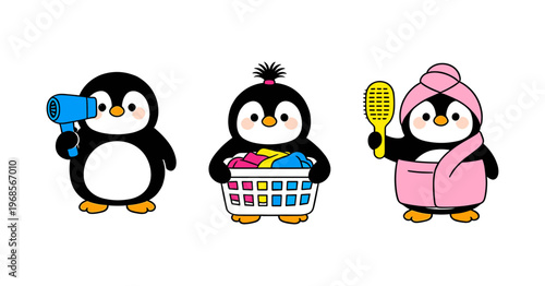 Cute Penguin Character Grooming Routine Set, Hair Drying, Laundry and Bathing Activities for Kids Education and Personal Hygiene Vector Illustration