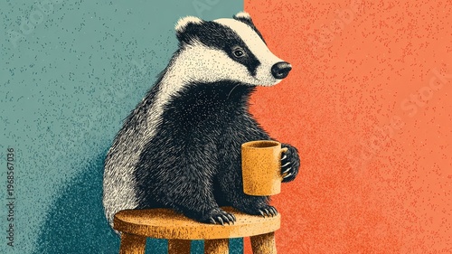 Charming Badger Enjoying a Cup of Coffee on a Wooden Stool