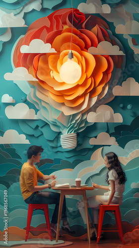 Creative 3D paper cut illustration of a person standing inside a giant glowing lightbulb against a bright blue sky with colorful paper waves and clouds, symbolizing startup innovation and ideas.