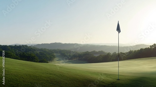fairway. A tranquil golf course with lush greenery and a single flag, enveloped in early morning mist. event key visuals, club posters, designed for fitness apps and gym onboarding.