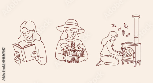 Set of Autumn Lifestyle Line Art Illustrations: Woman Reading, Foraging Mushrooms, and Warming by Wood Stove - Hygge and Cottagecore Aesthetic Vector