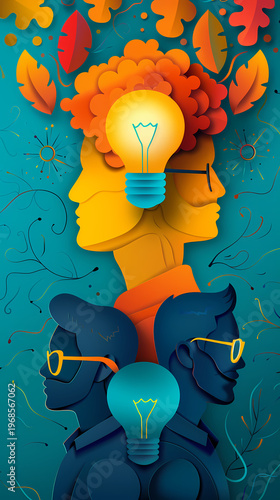 Creative 3D paper cut illustration of a person standing inside a giant glowing lightbulb against a bright blue sky with colorful paper waves and clouds, symbolizing startup innovation and ideas.