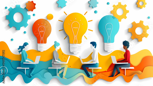 Creative 3D paper cut illustration of a person standing inside a giant glowing lightbulb against a bright blue sky with colorful paper waves and clouds, symbolizing startup innovation and ideas.
