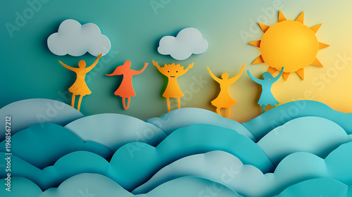 Joyful 3D papercraft illustration of a diverse team of seven characters celebrating success with arms raised, confetti falling, and colorful balloons on a cheerful teal background.