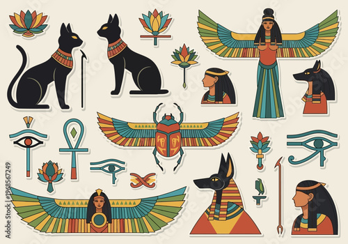 Ancient Egyptian Mythology Symbols and Deities Sticker Set - Bastet, Anubis, Eye of Horus, and Scarab Flat Vector Illustrations