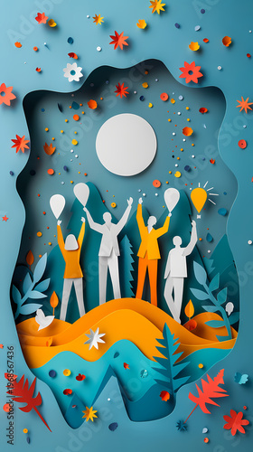 Joyful 3D papercraft illustration of a diverse team of seven characters celebrating success with arms raised, confetti falling, and colorful balloons on a cheerful teal background.