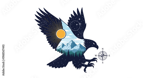 Majestic Eagle Double Exposure Silhouette with Mountain Landscape, Celestial Stars, and Compass Illustration