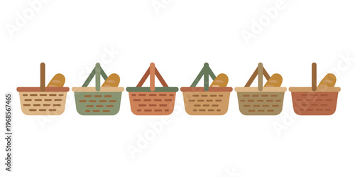Picnic Basket with Fresh Bread Loaf Border Design for Kitchen and Outdoor Dining, Flat Vector Illustration of Wicker Baskets with French Baguette