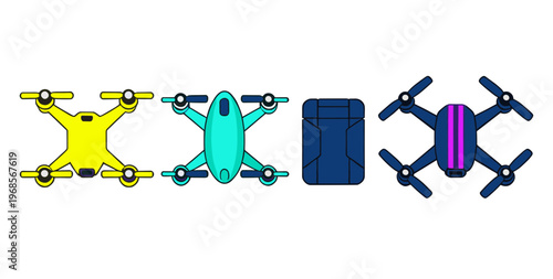 Professional Photography Drone and Remote Controller Set Isolated on White, Aerial Video Camera Quadcopter Icons for Modern Technology Design