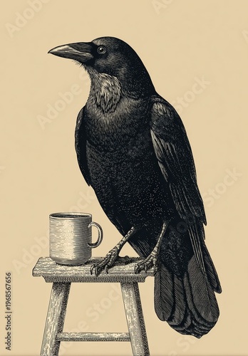 Elegant Black Bird Perched on Stool with Coffee Mug Artwork Design
