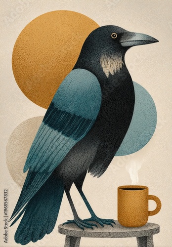 Colorful Illustration of a Bird with a Coffee Cup on a Stool