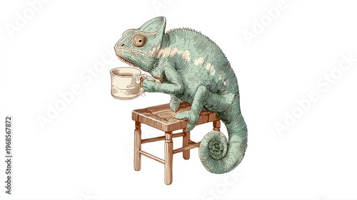 Colorful Chameleon Holding a Cup Sitting on a Wooden Chair