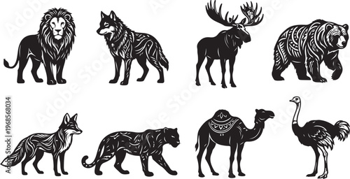 Collection of wild animals in black and white style