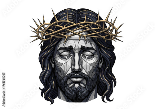 Jesus Christ with Crown of Thorns Illustration, Sorrowful Face of Christ with Tears, Modern Religious Graphic Art for Easter and Good Friday