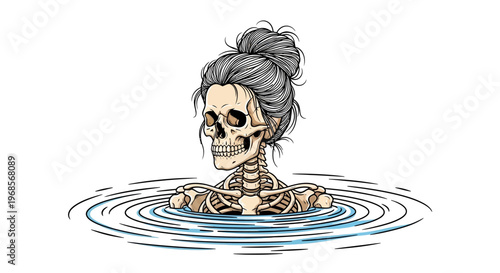 Skeleton Woman with Messy Bun Hair Emerging from Rippling Water, Macabre Vector Illustration of Female Skull in Pool
