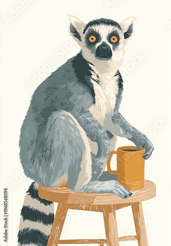Lemur Sitting on a Stool with a Mug in a Stylized Illustration