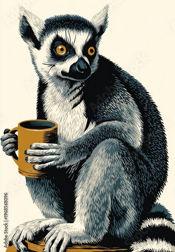 Playful Lemur Holding a Cup in a Vintage Style Illustration