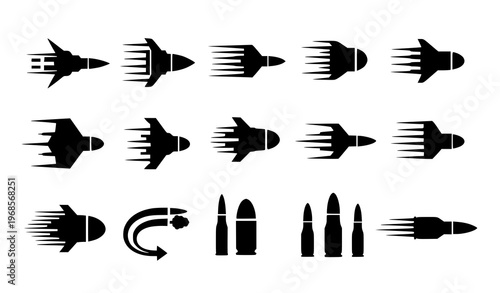 Bullet silhouettes with motion paths vector speed trajectory illustration set