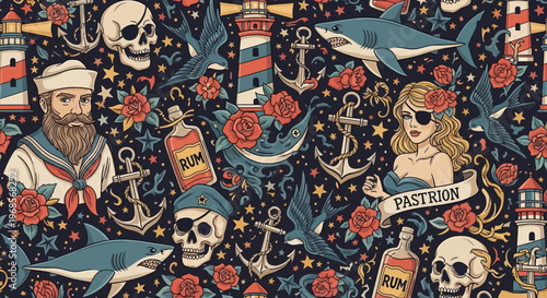 Nautical Old School Tattoo Seamless Pattern with Sailors, Skulls, Anchors, Sharks, and Roses. Vintage Maritime Sea Adventure Illustration.