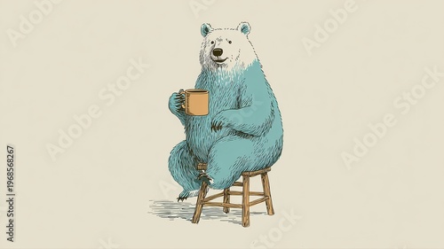 Bear Sitting on Stool Enjoying a Cup of Coffee in Relaxing Scene