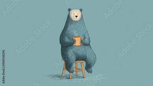 Cozy Bear Enjoying Warm Drink on a Stool Against Soft Background