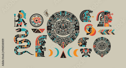 Aztec and Mayan Cultural Symbol Set Featuring Sun Stone Calendar, Tribal Warriors, Sacred Snakes, and Ancient Mexican Indigenous Iconography in Flat Vector Style