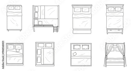 Diverse Bed Designs - A Collection of Top-Down Views for Interior Design.