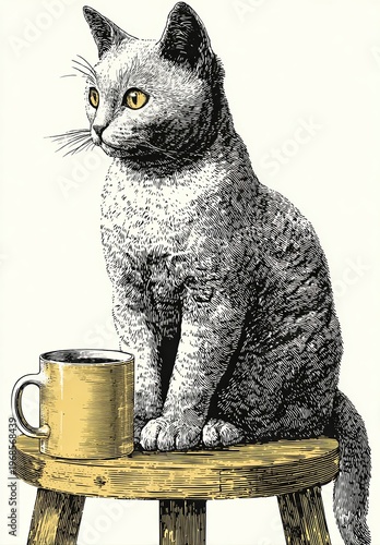 Vintage Cat Illustration with Coffee Mug on Wooden Stool