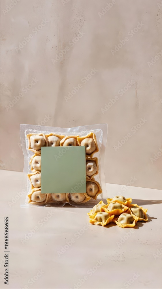 Obraz premium Packaged Stuffed Pasta with Blank Label Mockup