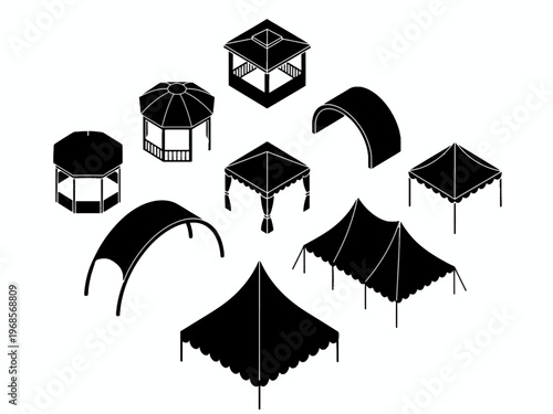 Isometric gazebo and canopy tent silhouette icons set