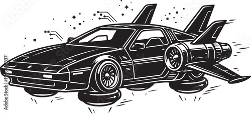 Futuristic flying car with jet engines and wings