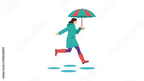 Woman in raincoat running with umbrella over puddles illustration
