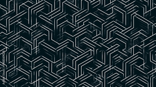 Abstract geometric pattern creating illusion of cubes. Repeating striped hexagons and rectangles forming a complex isometric structure