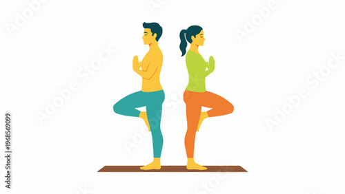 Man and woman practicing yoga tree pose back to back vector