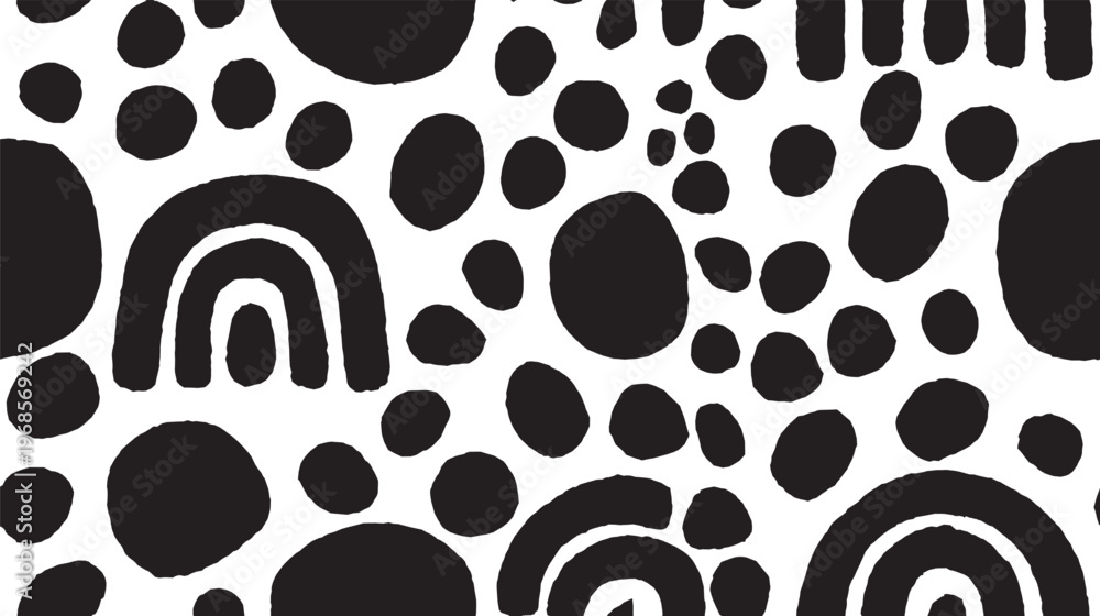 Fototapeta premium Bohemian-style, abstract organic splotches and simple arcs in a seamless pattern.
