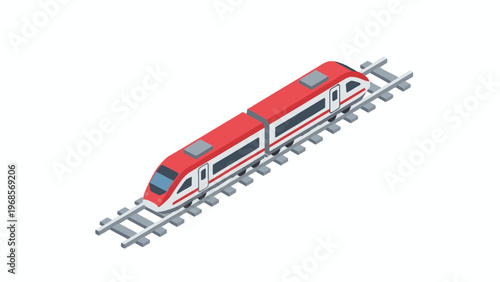 Isometric red and white passenger train on railway track