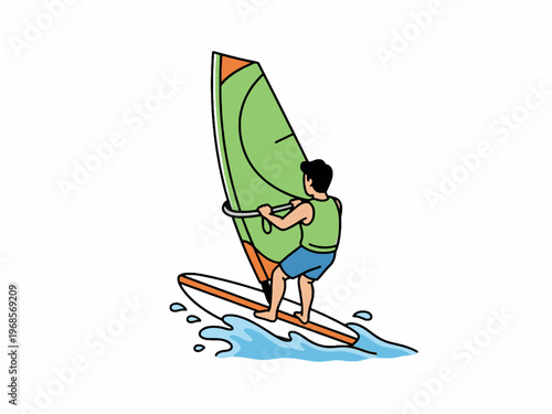 Windsurfing Man Vector Illustration on Isolated White Background