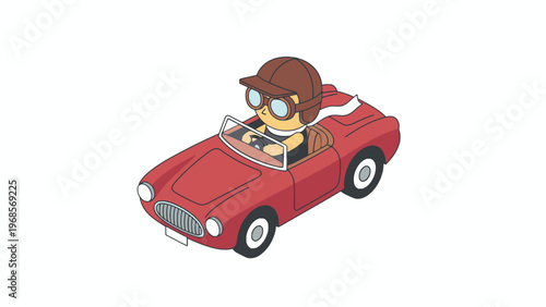 Cartoon character driving vintage red convertible car