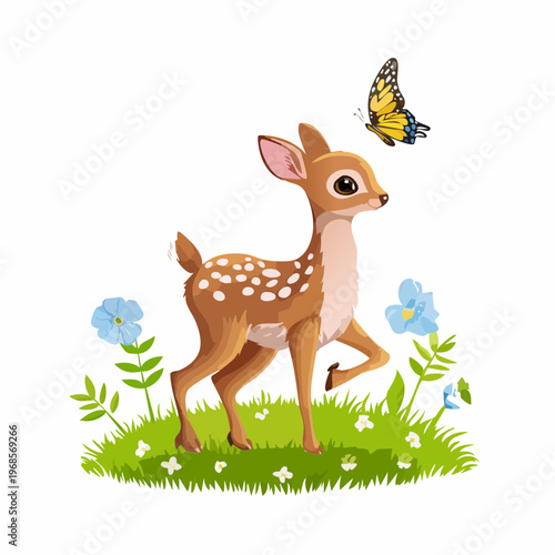 Rehkitz mit Schmetterling – Frühlingsszene