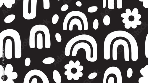 Bohemian-style, abstract organic splotches and simple arcs in a seamless pattern.