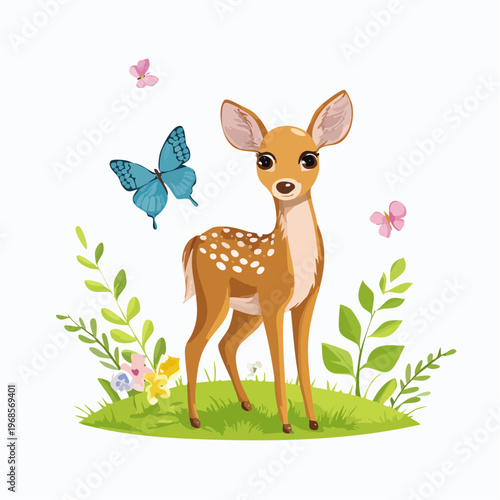Rehkitz mit Schmetterling – Frühlingsszene
