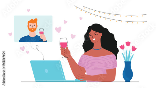 Couple Having Virtual Date with Wine via Video Call. Young woman having an online romantic date with a man using laptop and drinking wine. Concept of digital dating and virtual relationship.