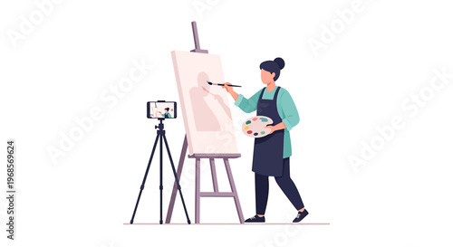 Artist painting on easel with smartphone recording creative process vector illustration isolated