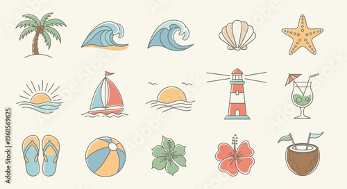 Collection of Summer Beach and Tropical Vacation Icons.