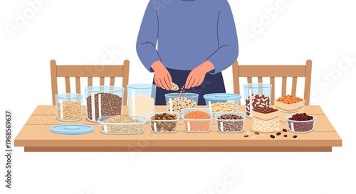 Assortment of various grains and seeds displayed on wooden table with person interacting