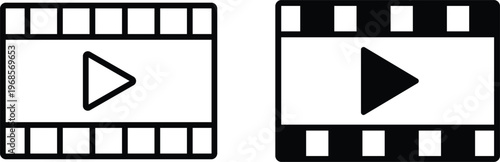 Play button icons on film strips for video players and movie editing software tools