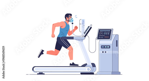 Athlete performing exercise test running on treadmill with connected equipment illustration