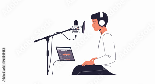 Audio recording illustration person microphone laptop studio podcast