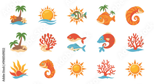 Collection of Tropical Island and Marine Life Icons.