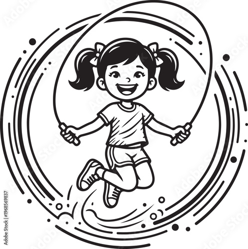 Cartoon illustration of a happy young girl jumping rope
